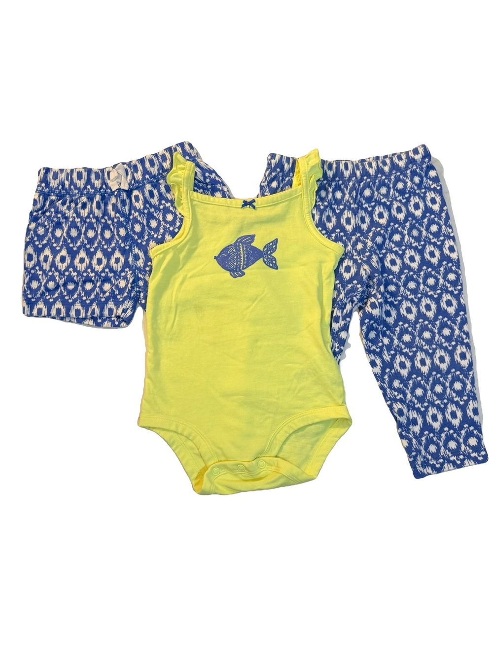 Carter's Yellow Tank Bodysuit, Blue Fish Graphic w/ matching shorts and pants